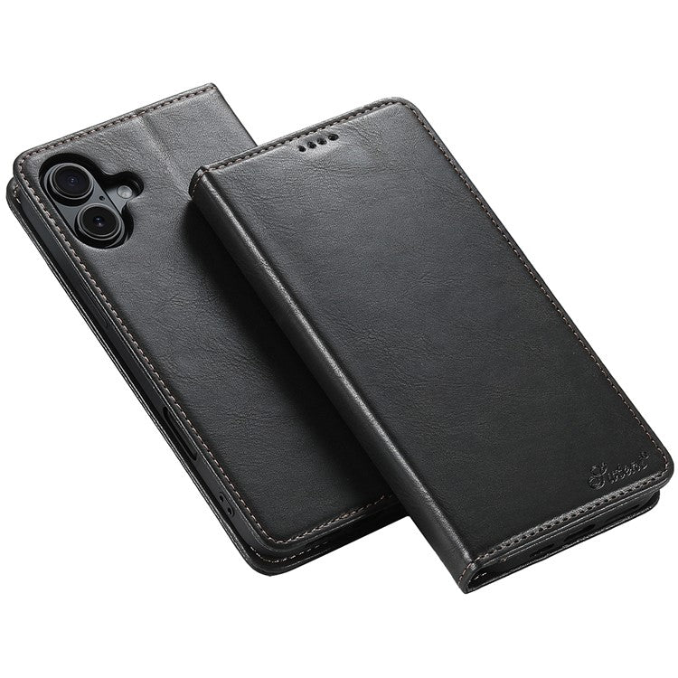SUTENI J02 Series for iPhone 16 Case Waxy Texture Leather Phone Cover with Magnetic Closure - Black
