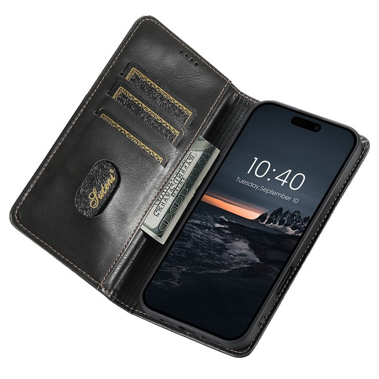 SUTENI J02 Series for iPhone 16 Case Waxy Texture Leather Phone Cover with Magnetic Closure - Black