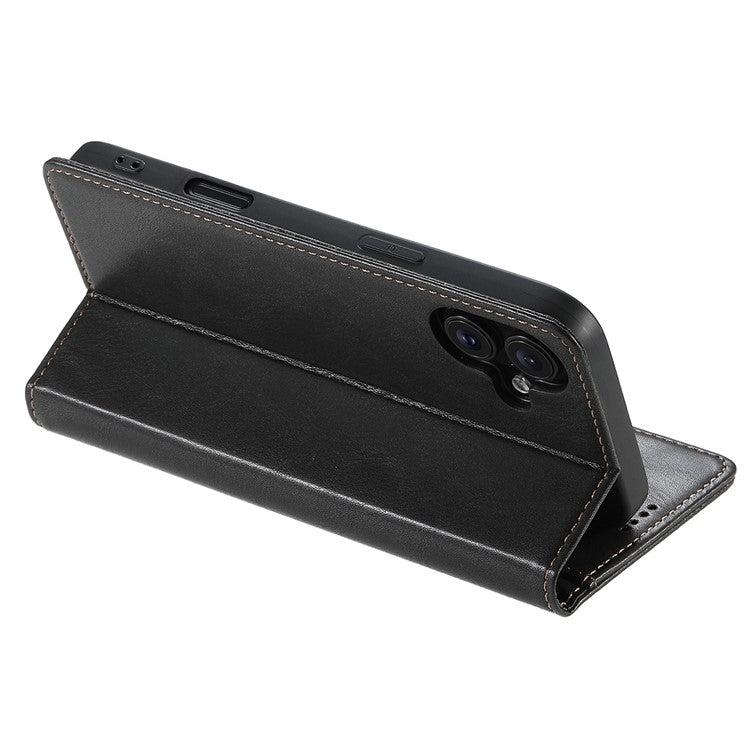 SUTENI J02 Series for iPhone 16 Case Waxy Texture Leather Phone Cover with Magnetic Closure - Black