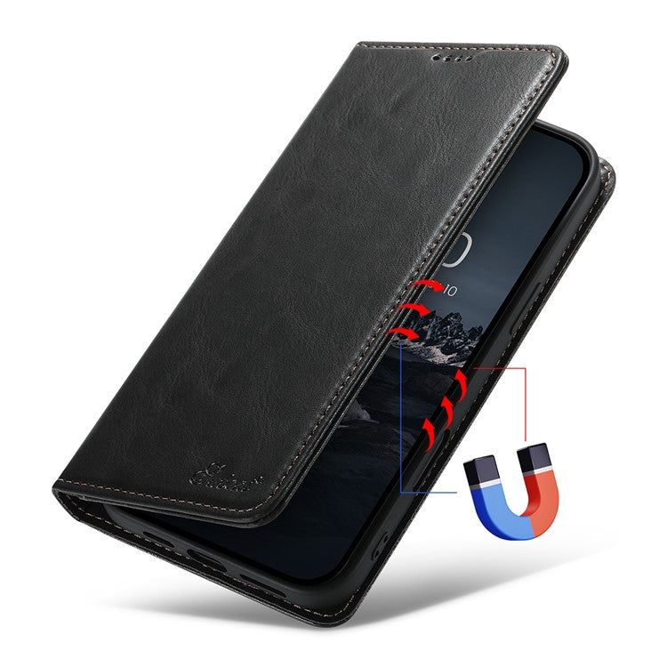 SUTENI J02 Series for iPhone 16 Case Waxy Texture Leather Phone Cover with Magnetic Closure - Black