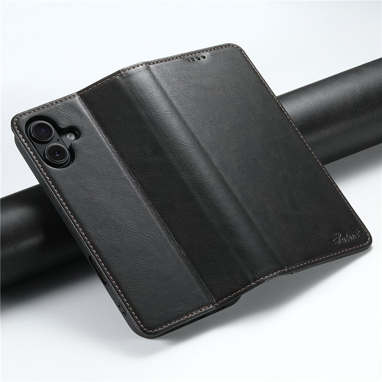 SUTENI J02 Series for iPhone 16 Case Waxy Texture Leather Phone Cover with Magnetic Closure - Black