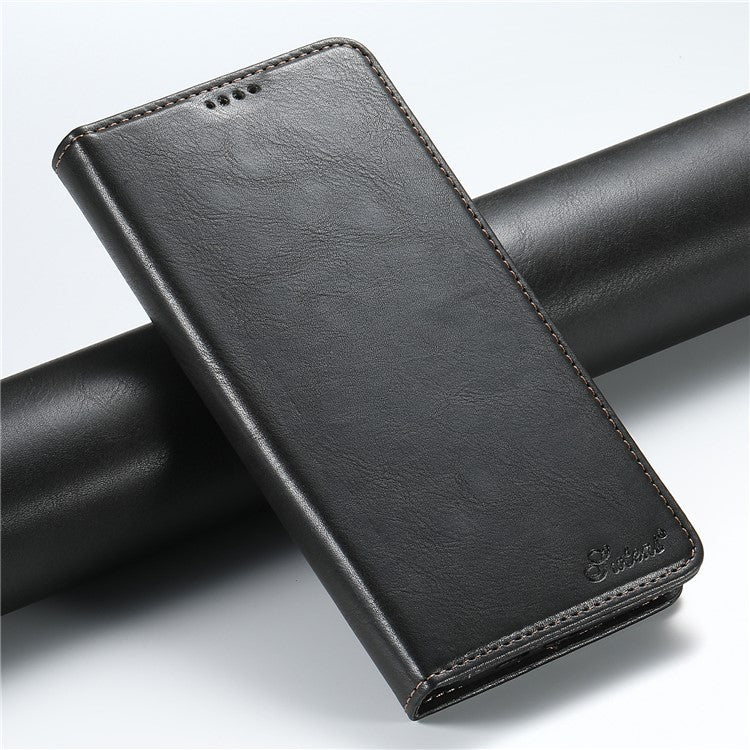 SUTENI J02 Series for iPhone 16 Case Waxy Texture Leather Phone Cover with Magnetic Closure - Black