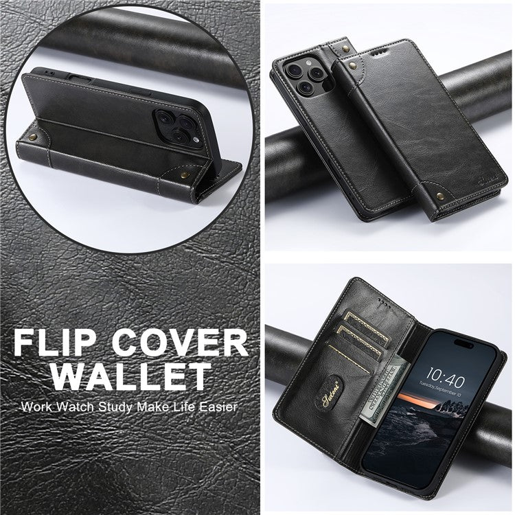 SUTENI For iPhone 16 Pro Case PU Leather Stand Wallet Phone Cover - Black