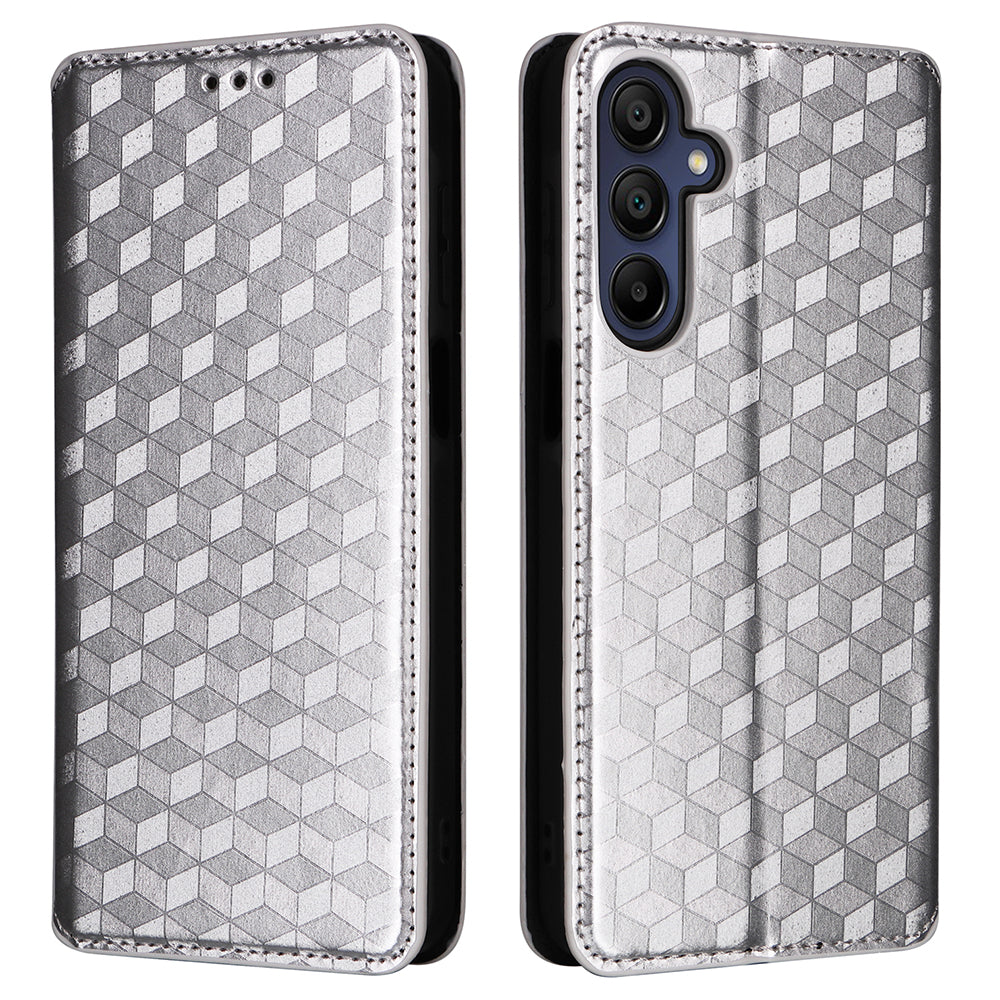For Samsung Galaxy A16 5G / A16 4G Wallet Case Rhombus Imprinted Leather Phone Cover - Silver