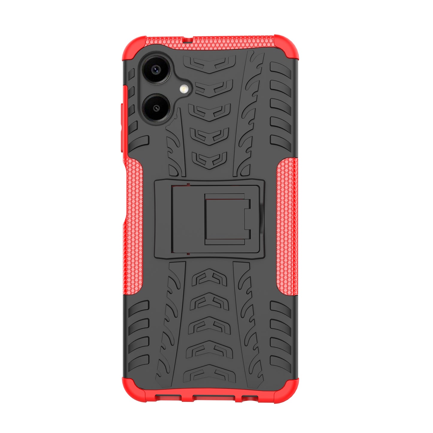 For Samsung Galaxy A06 Case PC+TPU Tyre Pattern Slim Phone Cover with Kickstand - Red
