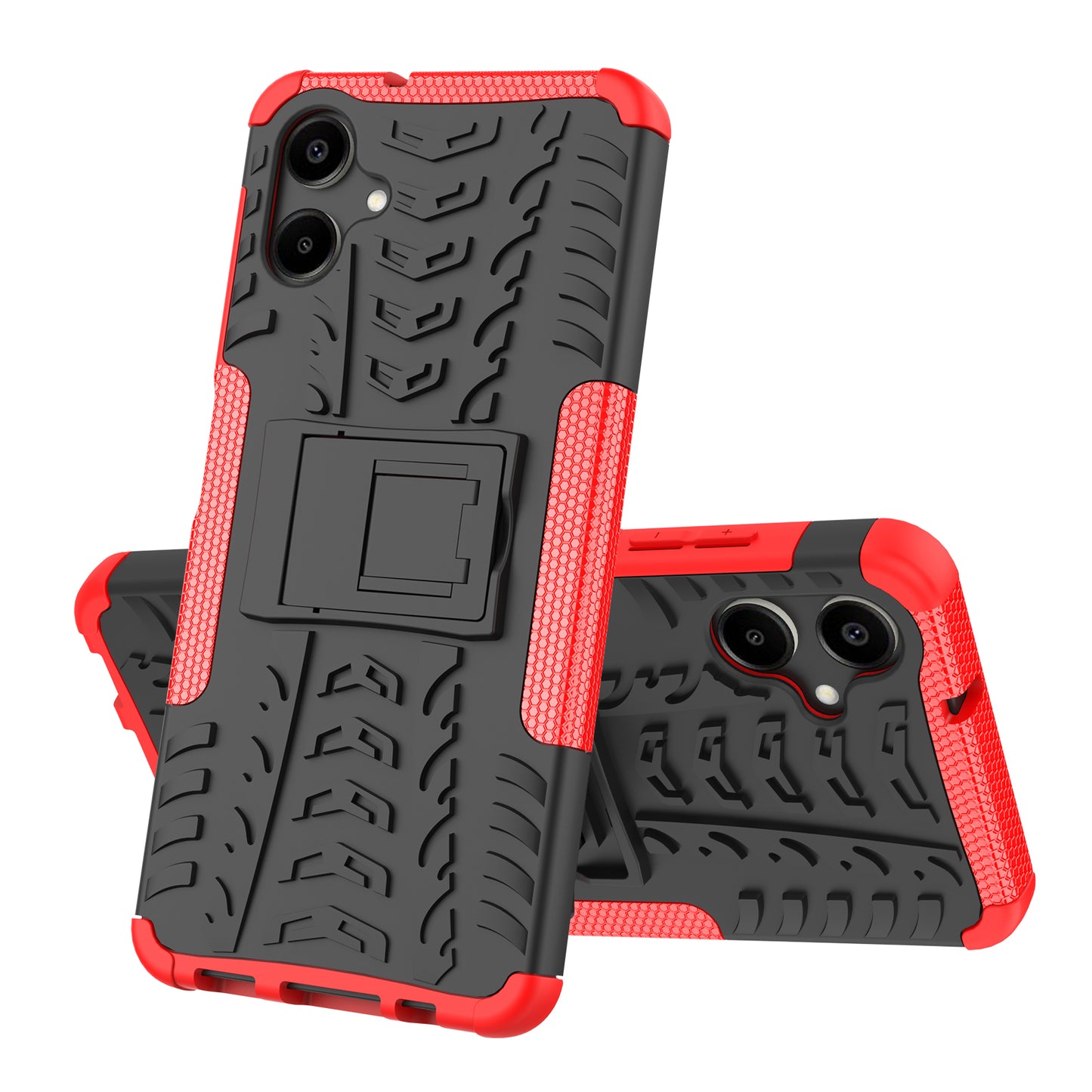 For Samsung Galaxy A06 Case PC+TPU Tyre Pattern Slim Phone Cover with Kickstand - Red