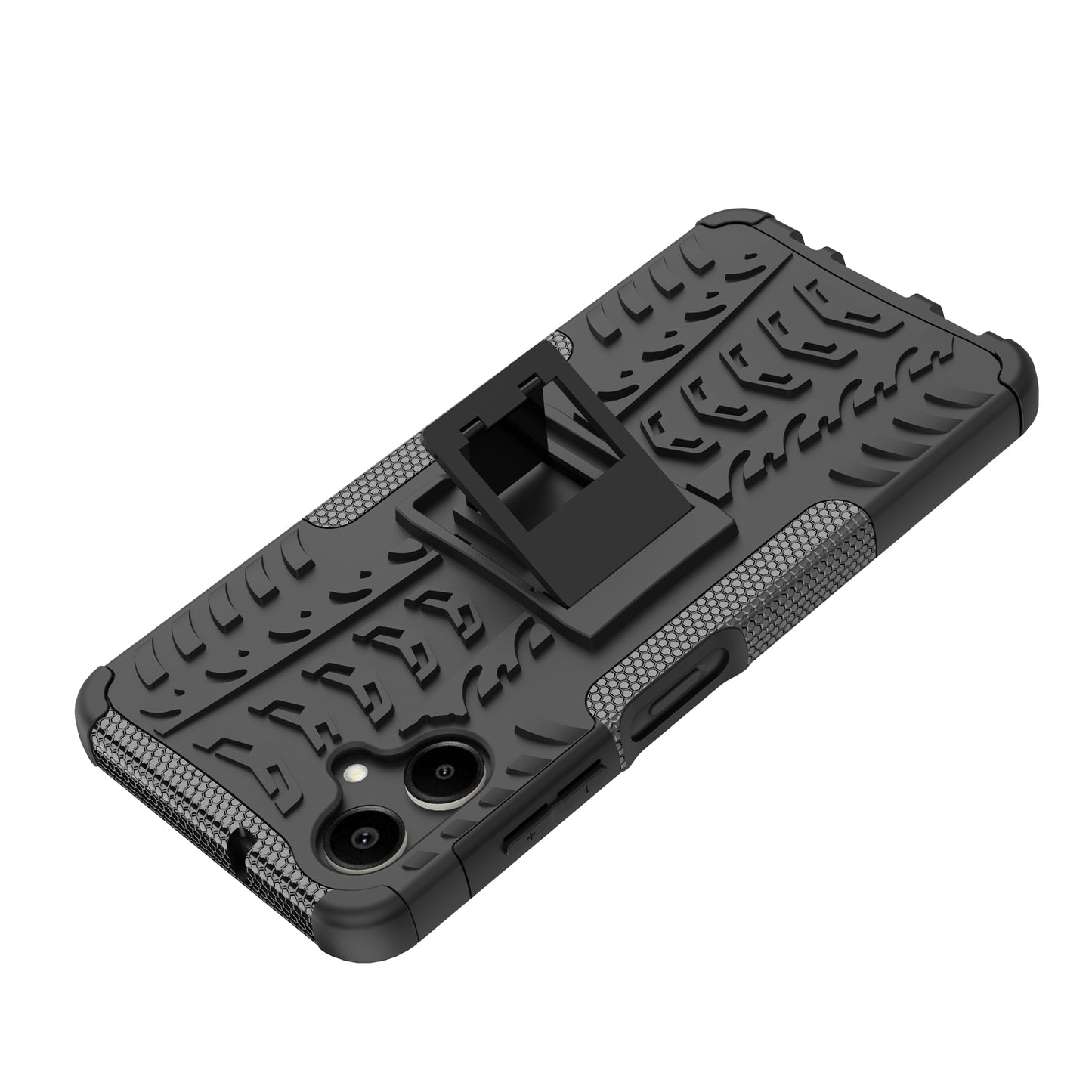 For Samsung Galaxy A06 Case PC+TPU Tyre Pattern Slim Phone Cover with Kickstand - Black