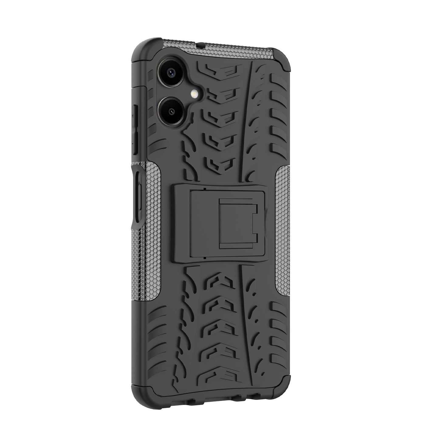 For Samsung Galaxy A06 Case PC+TPU Tyre Pattern Slim Phone Cover with Kickstand - Black