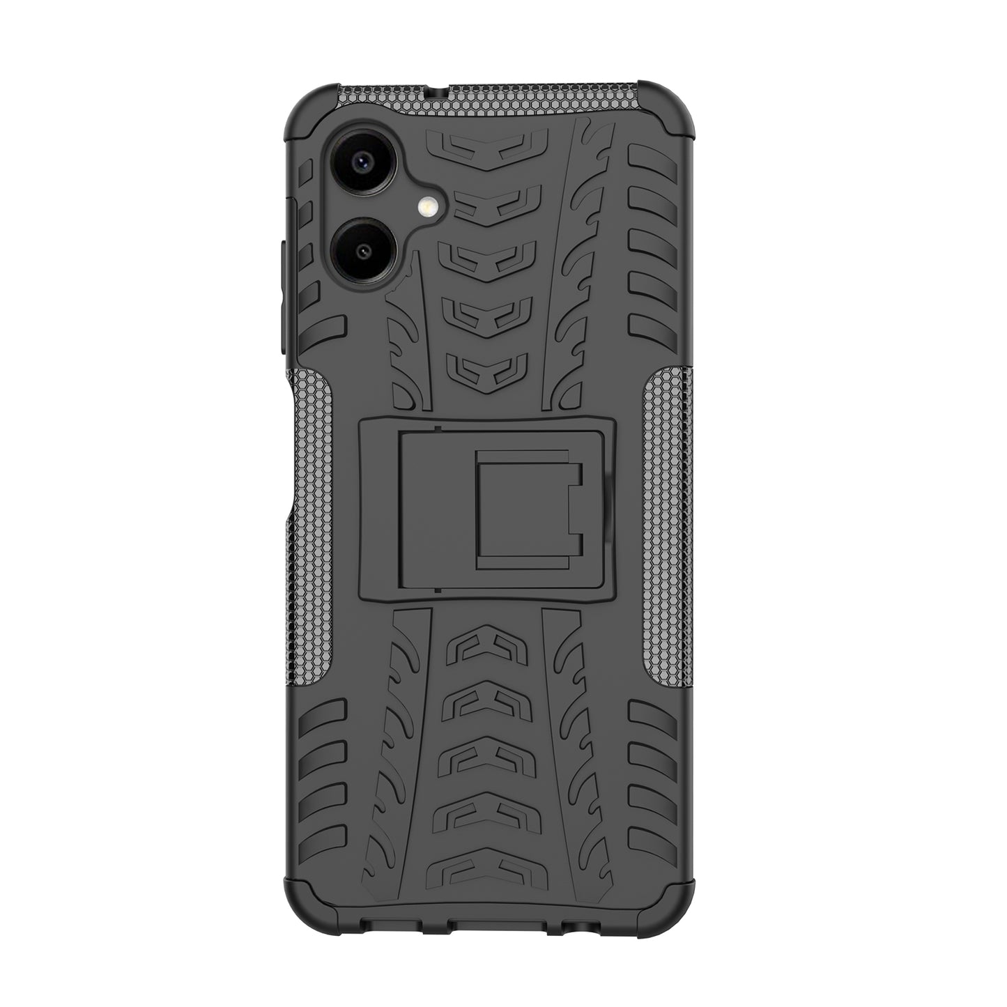 For Samsung Galaxy A06 Case PC+TPU Tyre Pattern Slim Phone Cover with Kickstand - Black
