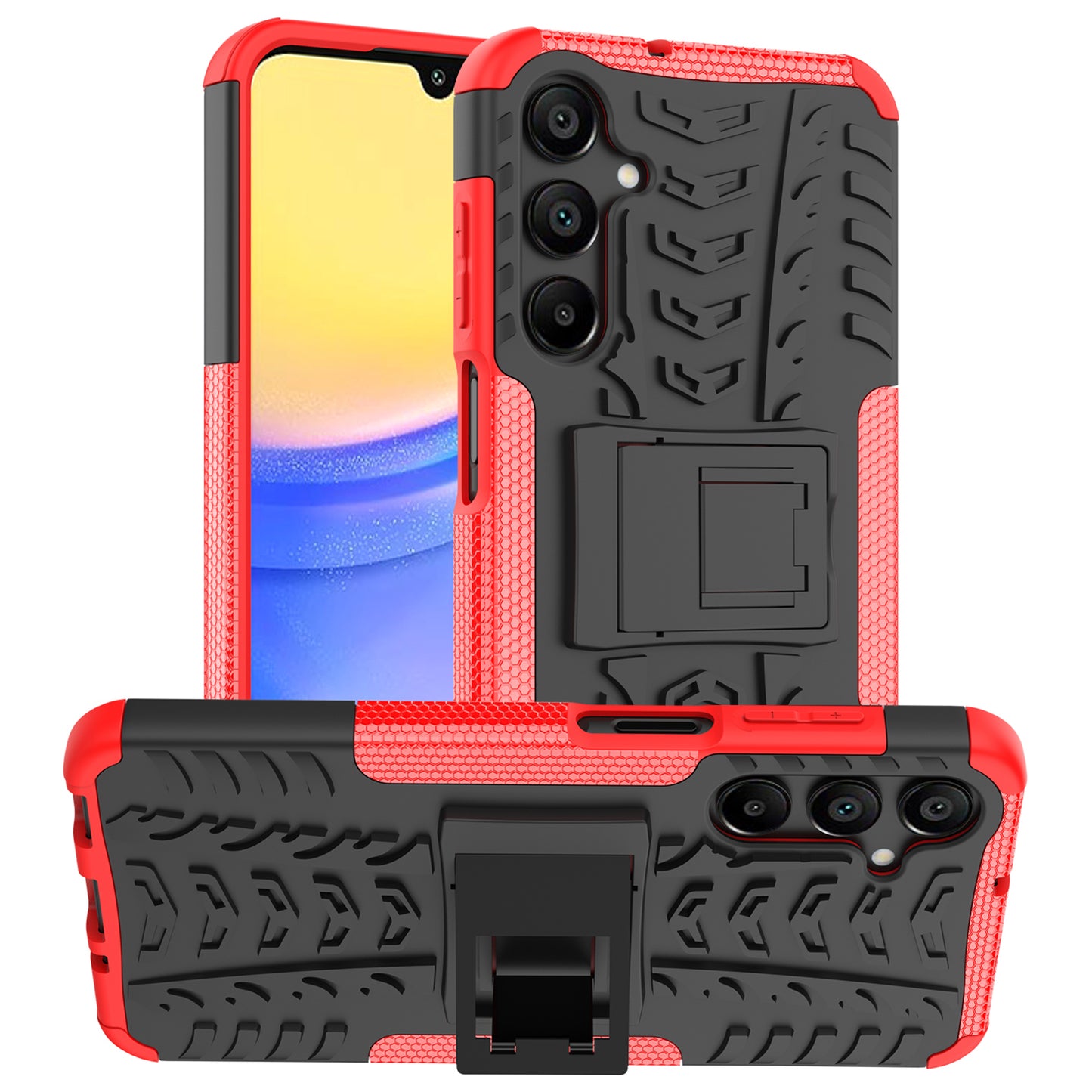 For Samsung Galaxy A16 5G / A16 4G Case PC+TPU Tyre Pattern Slim Phone Cover with Kickstand - Red