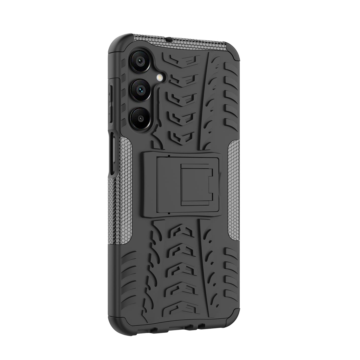 For Samsung Galaxy A16 5G / A16 4G Case PC+TPU Tyre Pattern Slim Phone Cover with Kickstand - Black