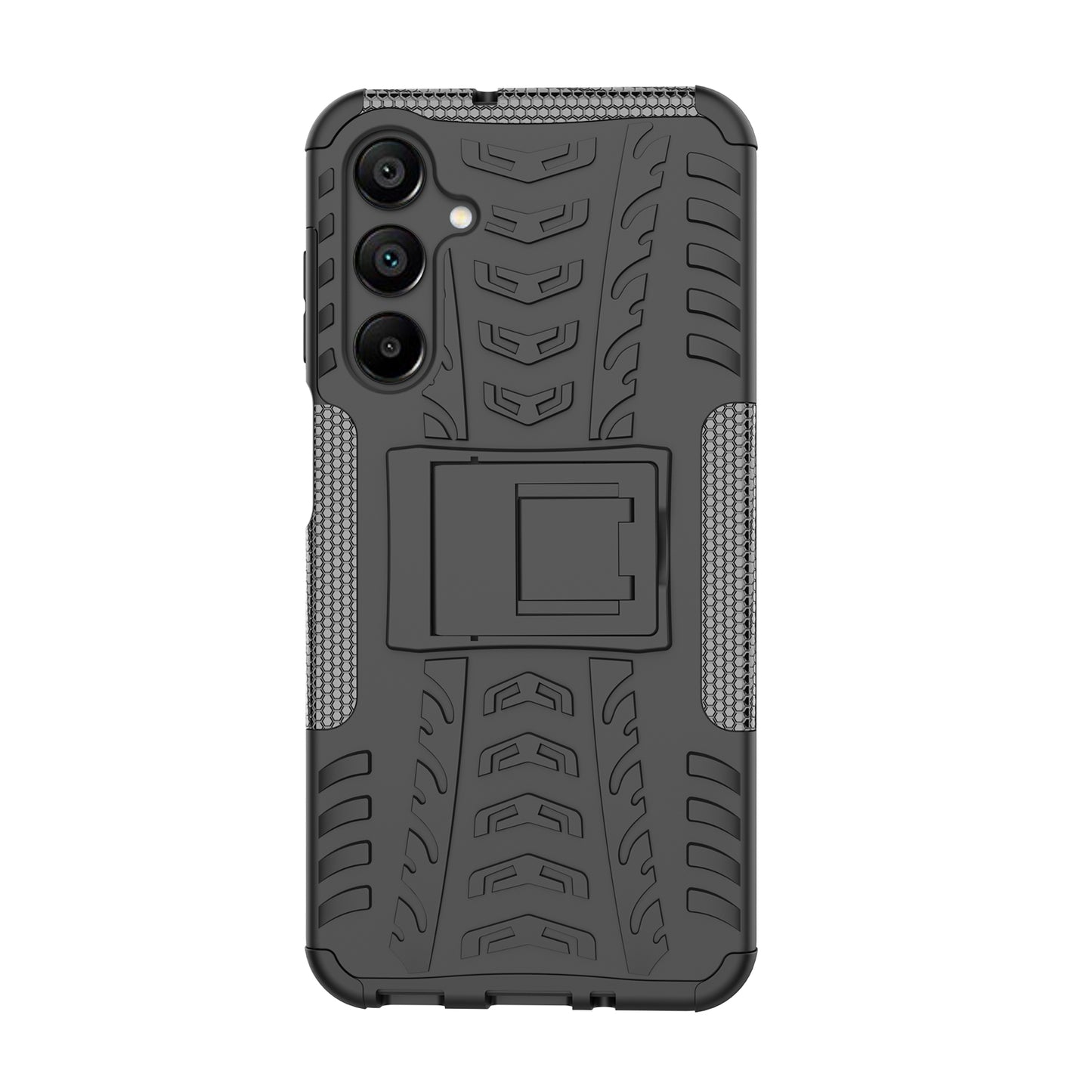For Samsung Galaxy A16 5G / A16 4G Case PC+TPU Tyre Pattern Slim Phone Cover with Kickstand - Black