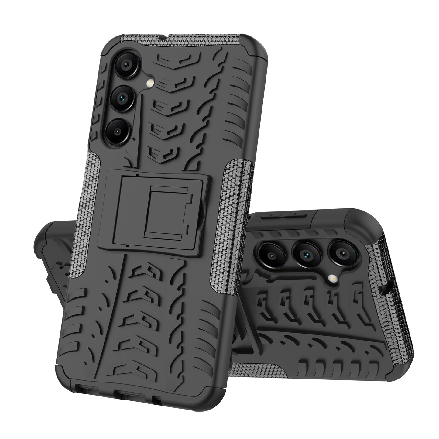 For Samsung Galaxy A16 5G / A16 4G Case PC+TPU Tyre Pattern Slim Phone Cover with Kickstand - Black