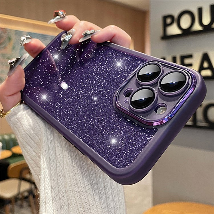 For iPhone 16 Pro Case Gradient Glitter Shockproof PC+TPU Phone Cover with Lens Film - Dark Purple