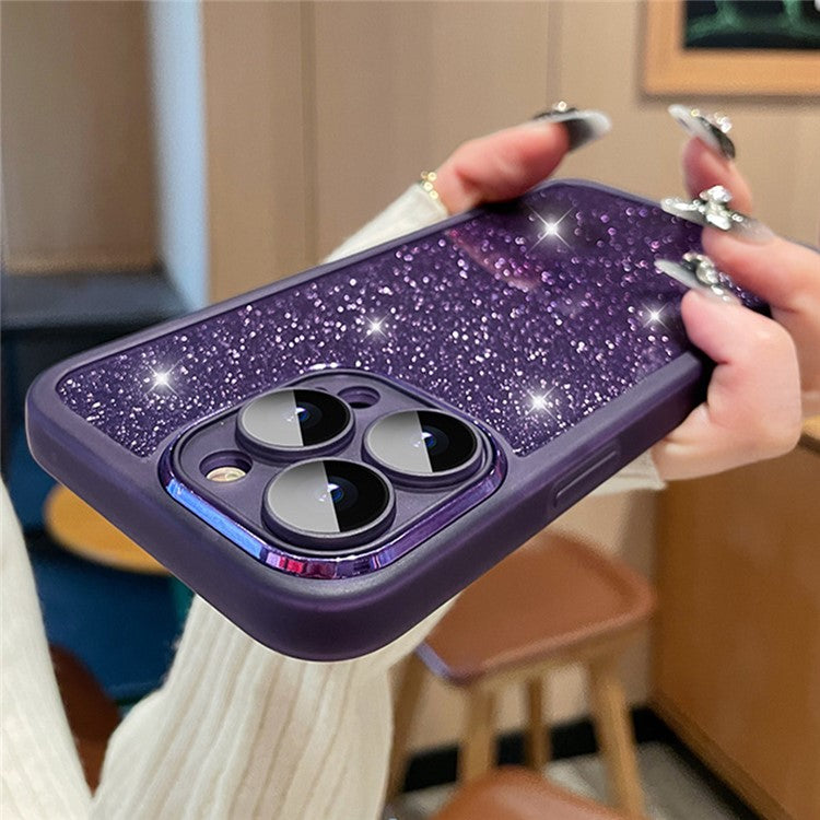 For iPhone 16 Pro Case Gradient Glitter Shockproof PC+TPU Phone Cover with Lens Film - Dark Purple