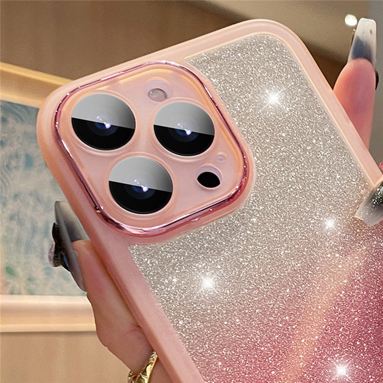 For iPhone 16 Pro Case Gradient Glitter Shockproof PC+TPU Phone Cover with Lens Film - Dark Purple