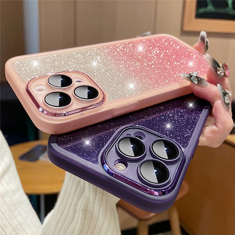 For iPhone 16 Pro Case Gradient Glitter Shockproof PC+TPU Phone Cover with Lens Film - Dark Purple