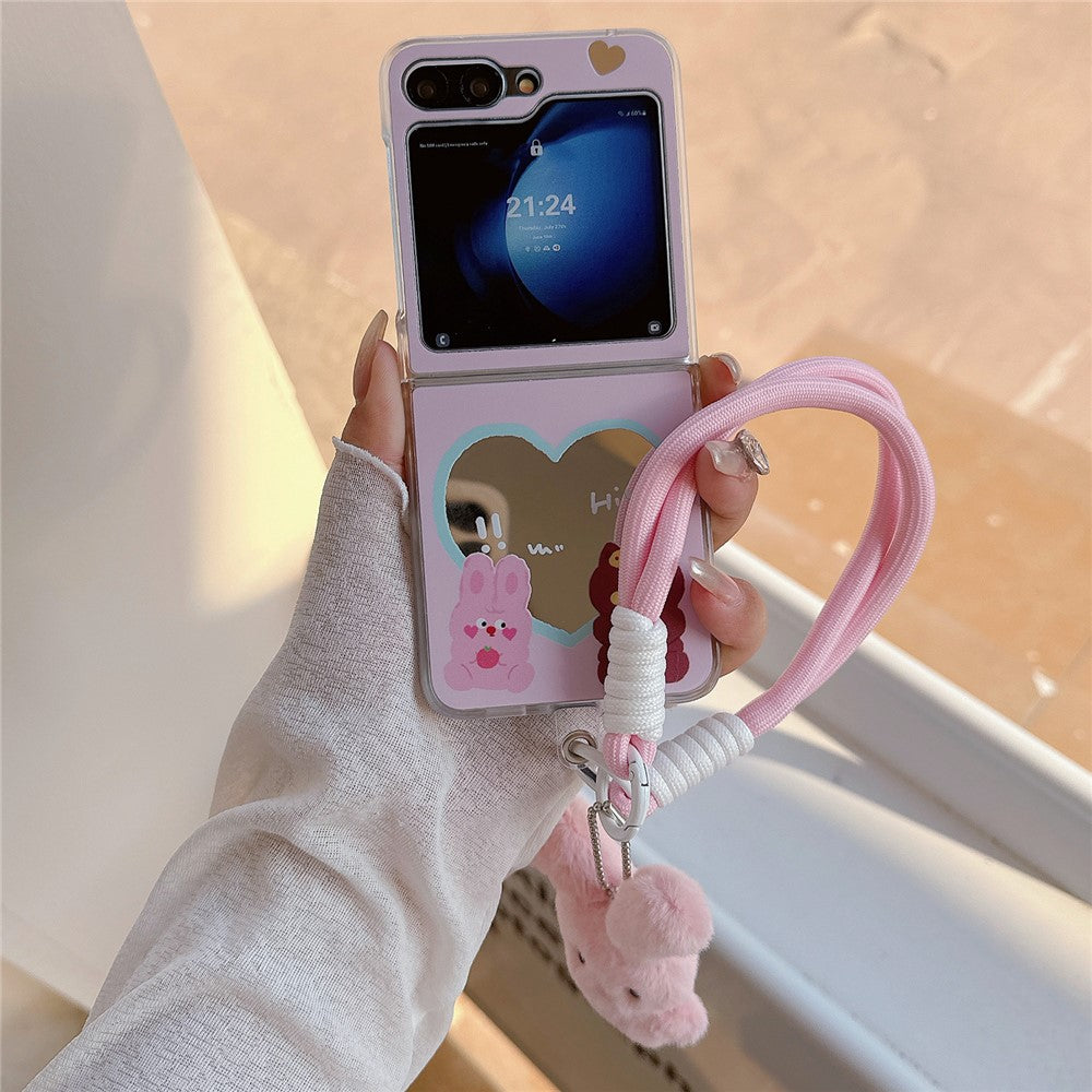 For Samsung Galaxy Z Flip7 FE 5G / Z Flip6 5G Case Mirror Surface Protective Hard PC Phone Cover with Wrist Strap - Pink Rabbit
