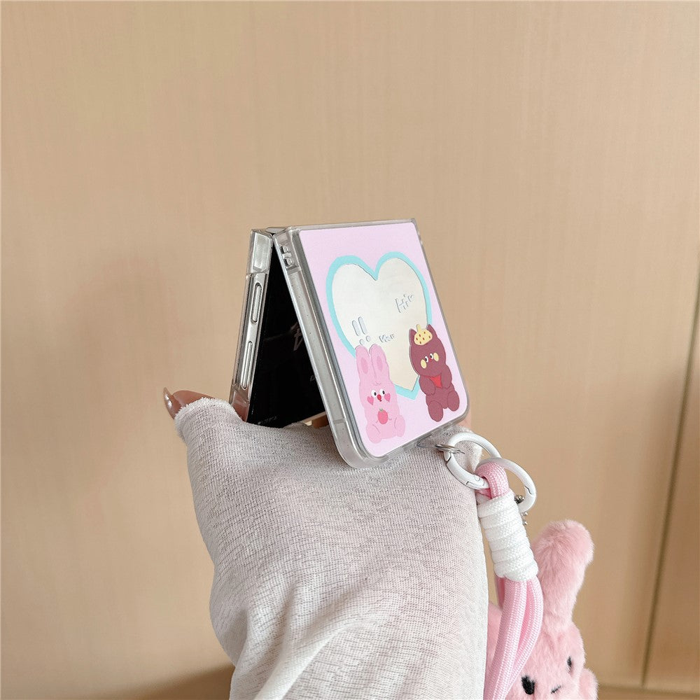 For Samsung Galaxy Z Flip7 FE 5G / Z Flip6 5G Case Mirror Surface Protective Hard PC Phone Cover with Wrist Strap - Pink Rabbit