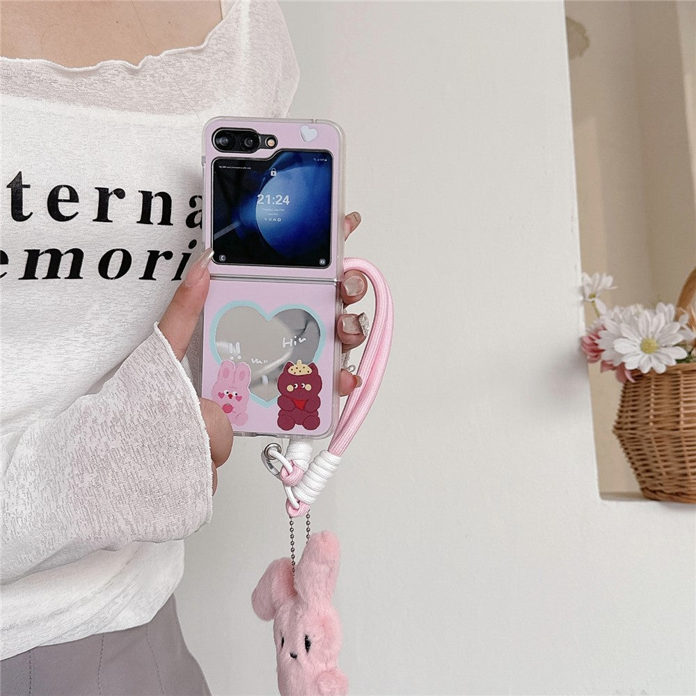 For Samsung Galaxy Z Flip7 FE 5G / Z Flip6 5G Case Mirror Surface Protective Hard PC Phone Cover with Wrist Strap - Pink Rabbit