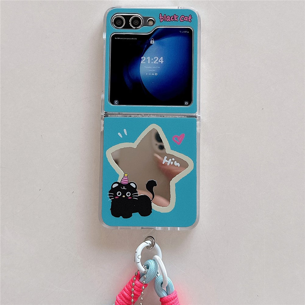 For Samsung Galaxy Z Flip7 FE 5G / Z Flip6 5G Case Mirror Surface Protective Hard PC Phone Cover with Wrist Strap - Black Cat / Star
