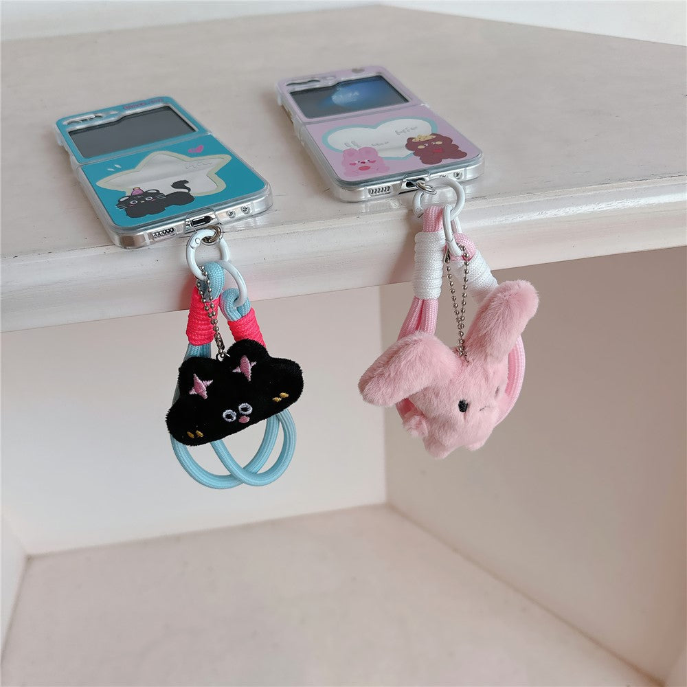 For Samsung Galaxy Z Flip7 FE 5G / Z Flip6 5G Case Mirror Surface Protective Hard PC Phone Cover with Wrist Strap - Black Cat / Star