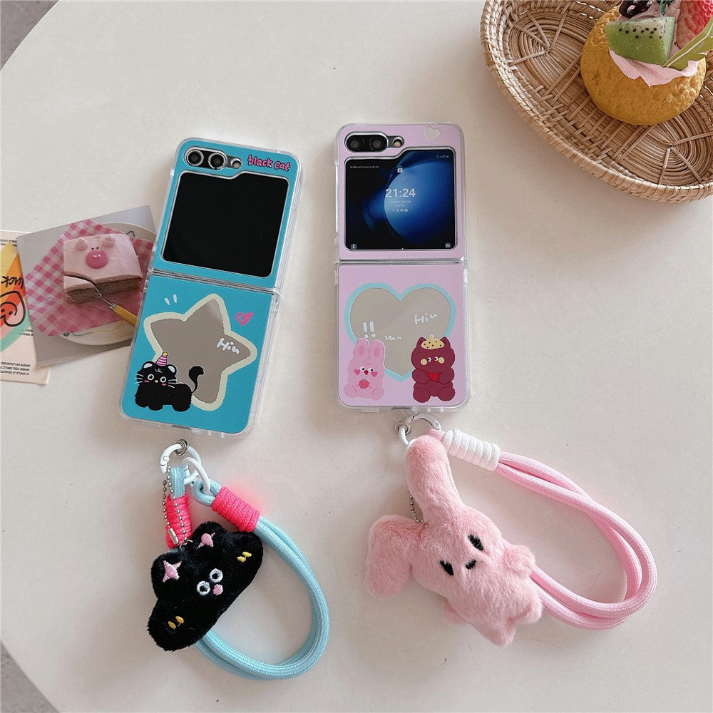 For Samsung Galaxy Z Flip7 FE 5G / Z Flip6 5G Case Mirror Surface Protective Hard PC Phone Cover with Wrist Strap - Black Cat / Star