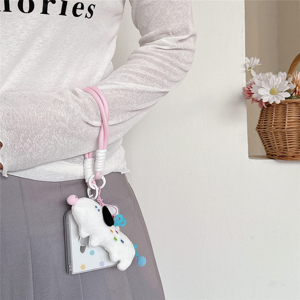 For Samsung Galaxy Z Flip7 FE 5G / Z Flip6 5G Case Dots Dog Pattern Protective Hard PC Phone Cover with Wrist Strap - White