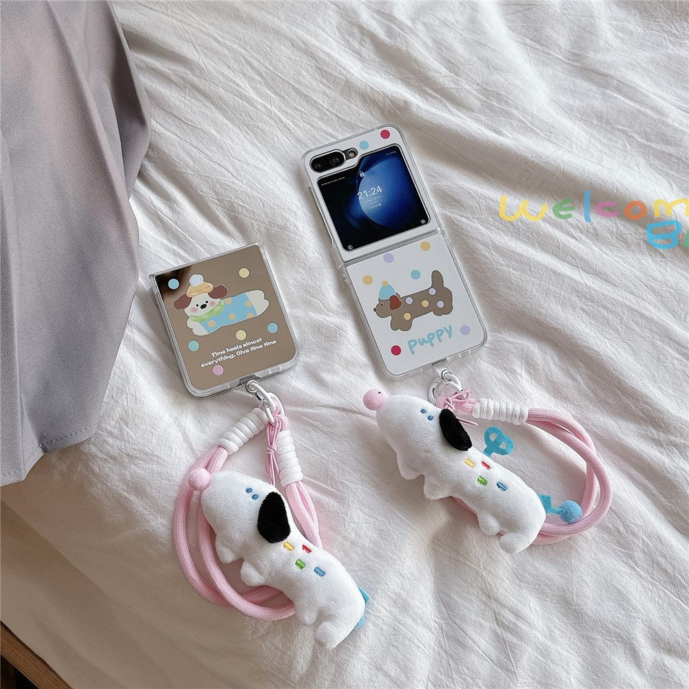 For Samsung Galaxy Z Flip7 FE 5G / Z Flip6 5G Case Dots Dog Pattern Protective Hard PC Phone Cover with Wrist Strap - White