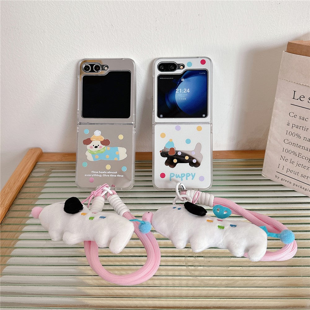 For Samsung Galaxy Z Flip7 FE 5G / Z Flip6 5G Case Dots Dog Pattern Protective Hard PC Phone Cover with Wrist Strap - White