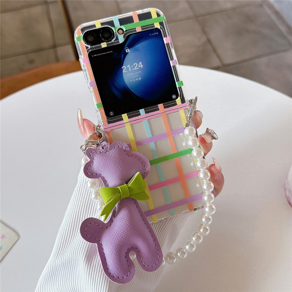 For Samsung Galaxy Z Flip7 FE 5G / Z Flip6 5G Case Grids Pattern Protective Hard PC Phone Cover with Pearl Wrist Strap, Deer Decor