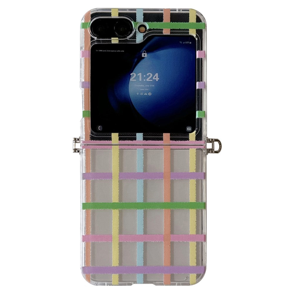 For Samsung Galaxy Z Flip7 FE 5G / Z Flip6 5G Case Grids Pattern Protective Hard PC Phone Cover with Pearl Wrist Strap, Deer Decor