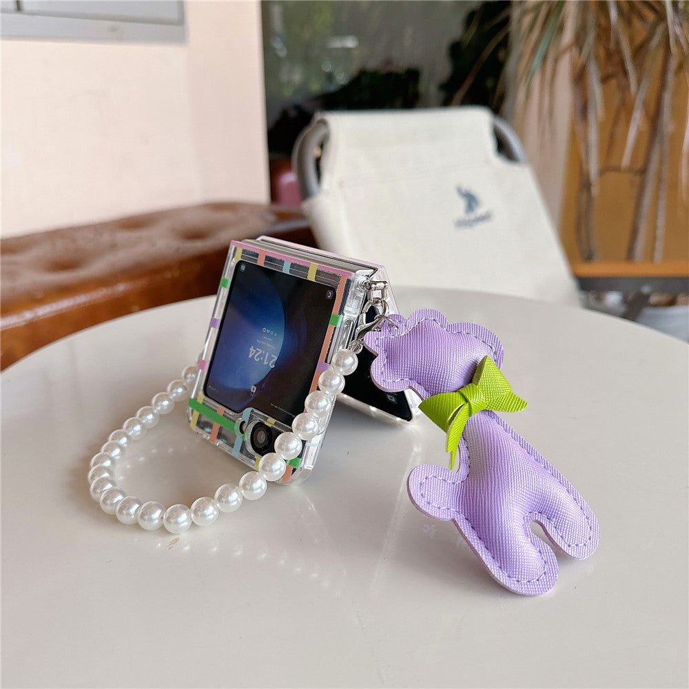For Samsung Galaxy Z Flip7 FE 5G / Z Flip6 5G Case Grids Pattern Protective Hard PC Phone Cover with Pearl Wrist Strap, Deer Decor