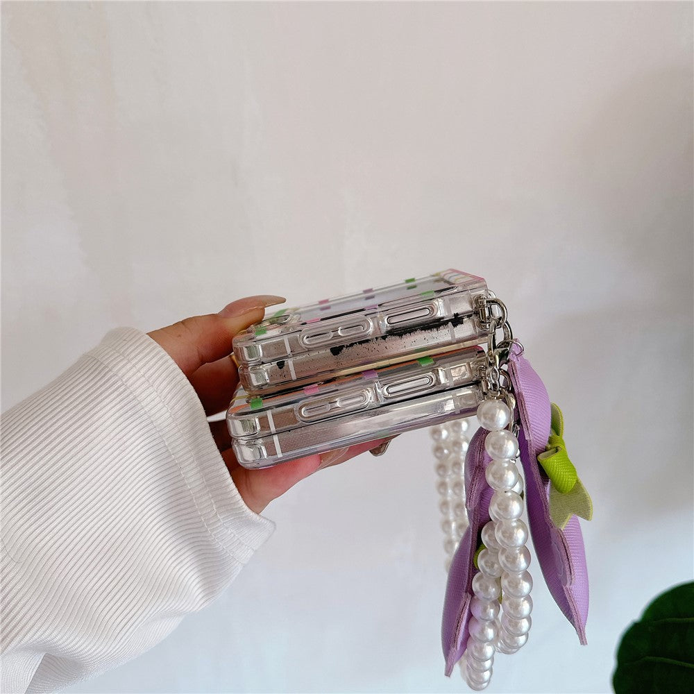 For Samsung Galaxy Z Flip7 FE 5G / Z Flip6 5G Case Grids Pattern Protective Hard PC Phone Cover with Pearl Wrist Strap, Deer Decor