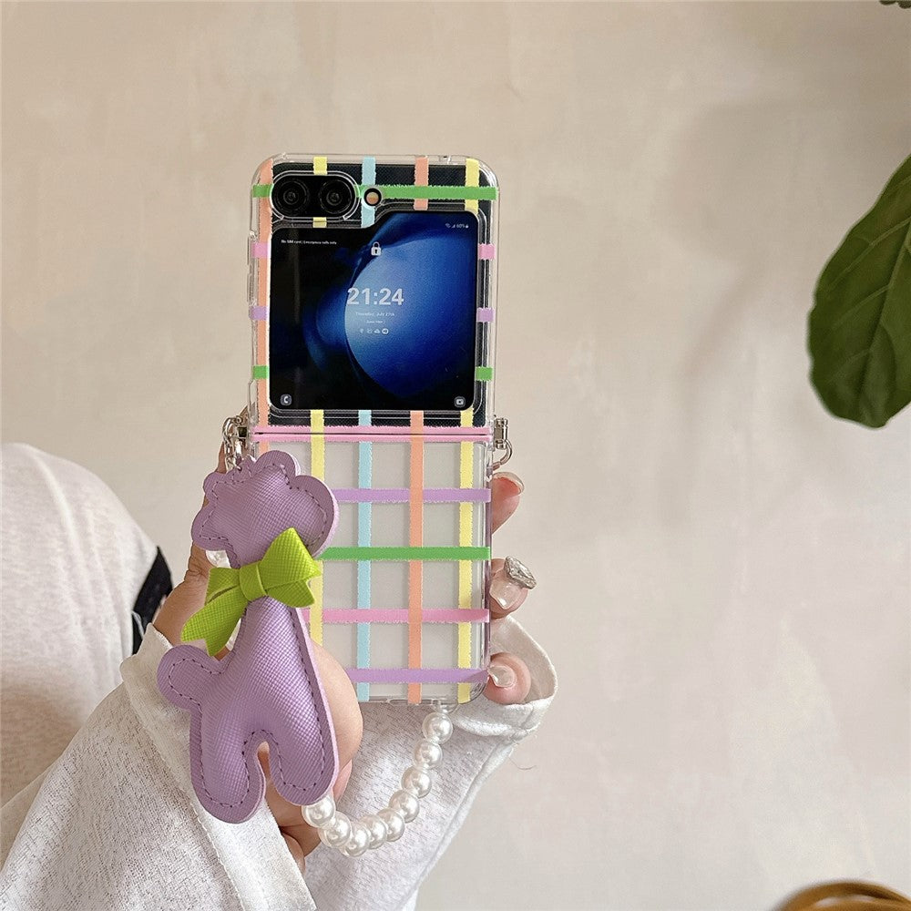 For Samsung Galaxy Z Flip7 FE 5G / Z Flip6 5G Case Grids Pattern Protective Hard PC Phone Cover with Pearl Wrist Strap, Deer Decor