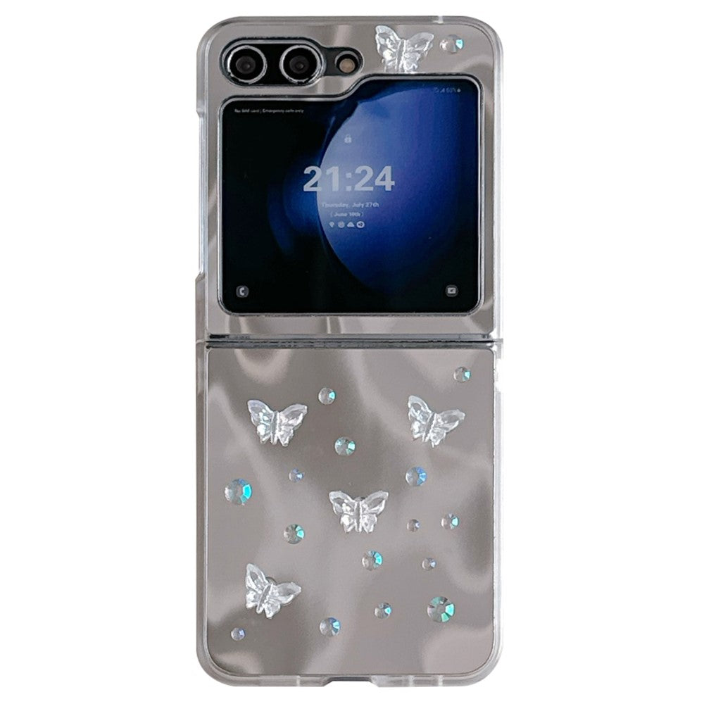 For Samsung Galaxy Z Flip7 FE 5G / Z Flip6 5G Case Mirror Surface Rhinestone Butterfly Decor Hard PC Phone Cover with Wrist Strap