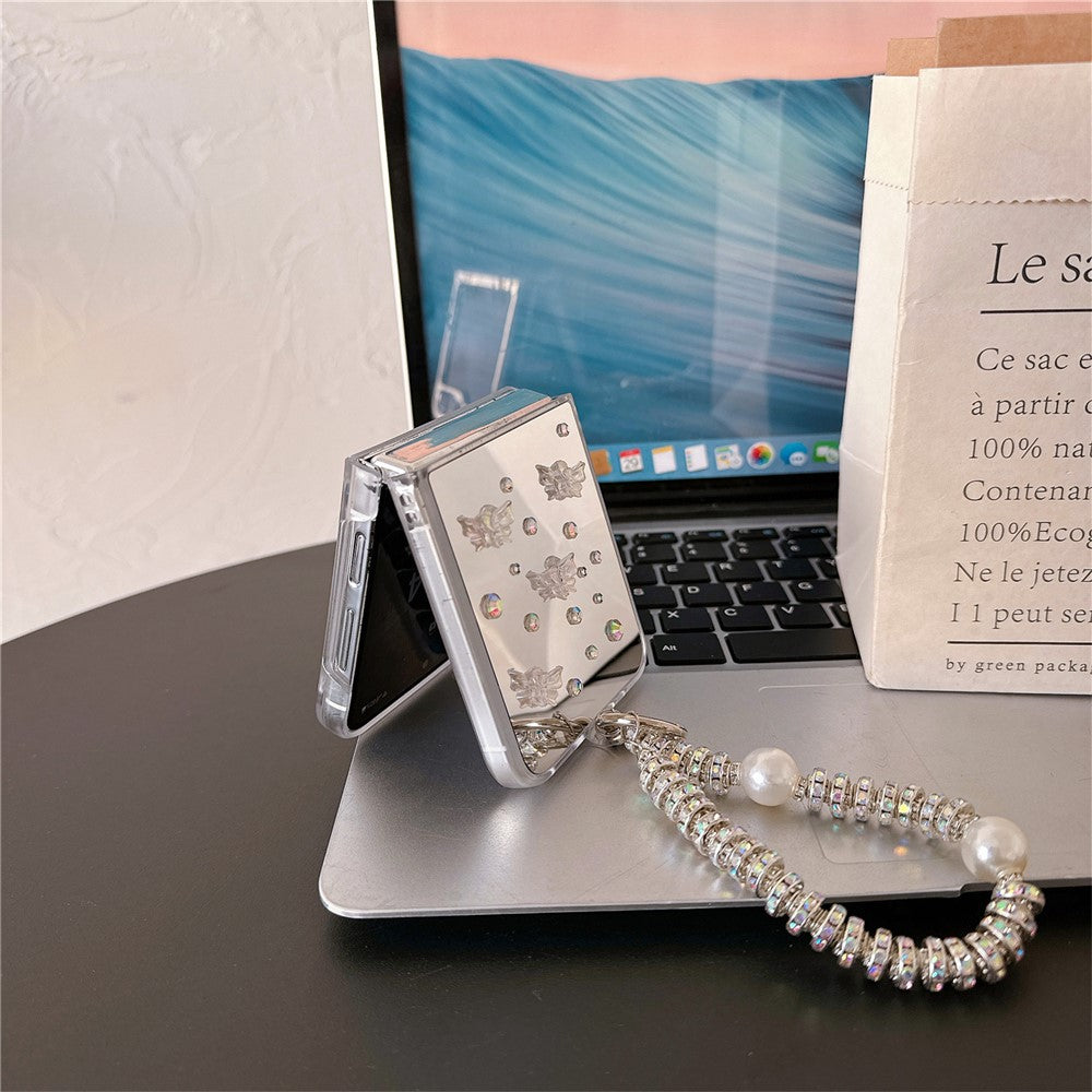 For Samsung Galaxy Z Flip7 FE 5G / Z Flip6 5G Case Mirror Surface Rhinestone Butterfly Decor Hard PC Phone Cover with Wrist Strap