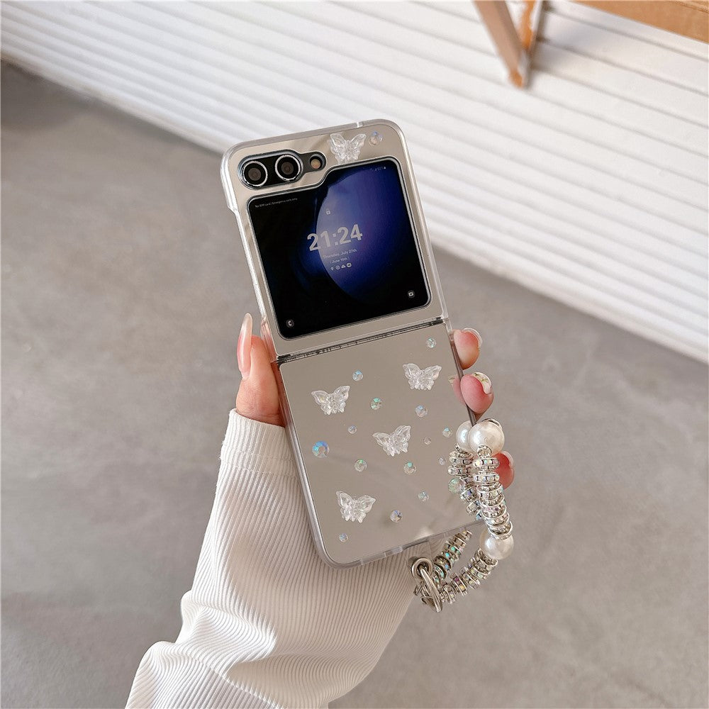 For Samsung Galaxy Z Flip7 FE 5G / Z Flip6 5G Case Mirror Surface Rhinestone Butterfly Decor Hard PC Phone Cover with Wrist Strap