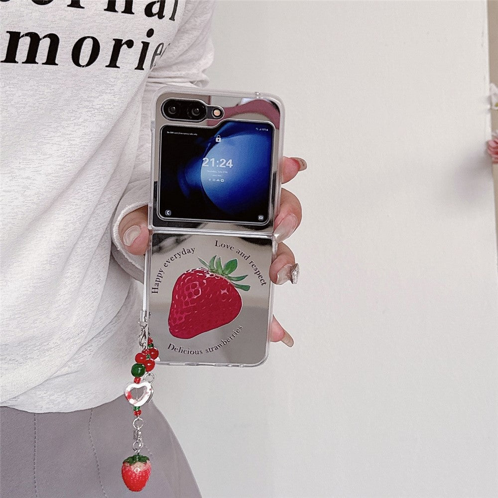 For Samsung Galaxy Z Flip7 FE 5G / Z Flip6 5G Case Mirror Surface Shockproof Hard PC Phone Cover with Strap - Strawberry