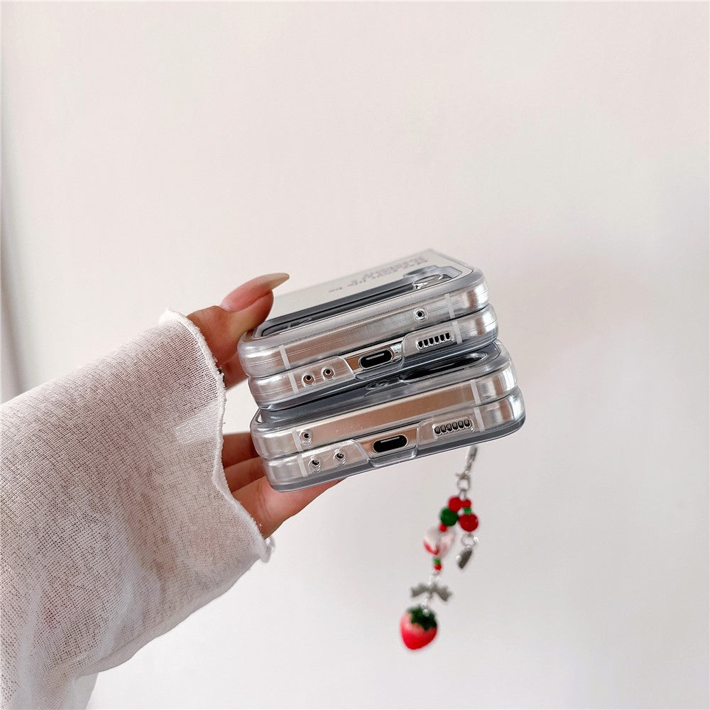 For Samsung Galaxy Z Flip7 FE 5G / Z Flip6 5G Case Mirror Surface Shockproof Hard PC Phone Cover with Strap - Strawberry