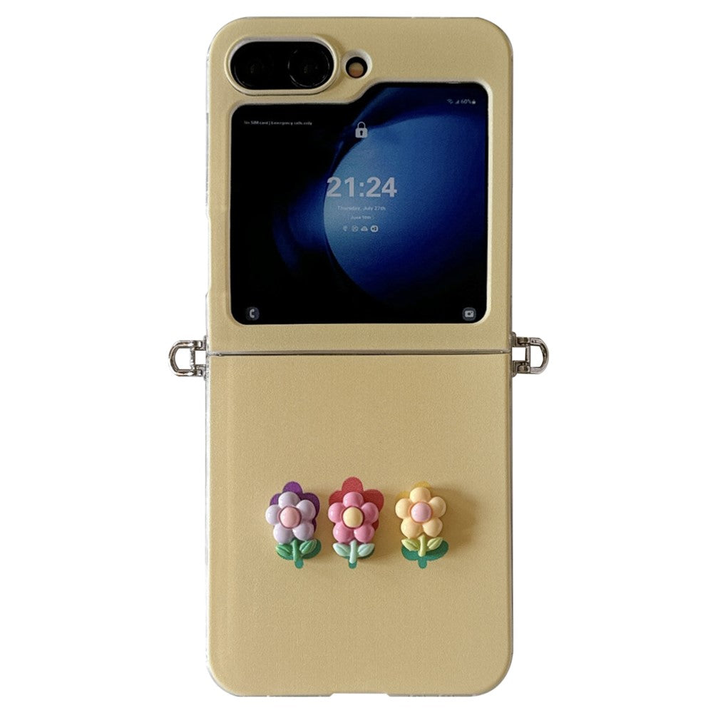 For Samsung Galaxy Z Flip7 FE 5G / Z Flip6 5G Case Flower Decor Protective Hard PC Phone Cover with Wrist Strap, Pendant