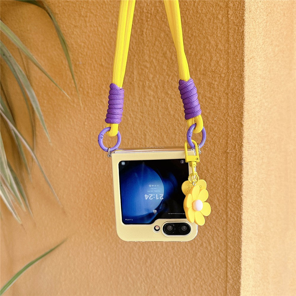 For Samsung Galaxy Z Flip7 FE 5G / Z Flip6 5G Case Flower Decor Protective Hard PC Phone Cover with Wrist Strap, Pendant