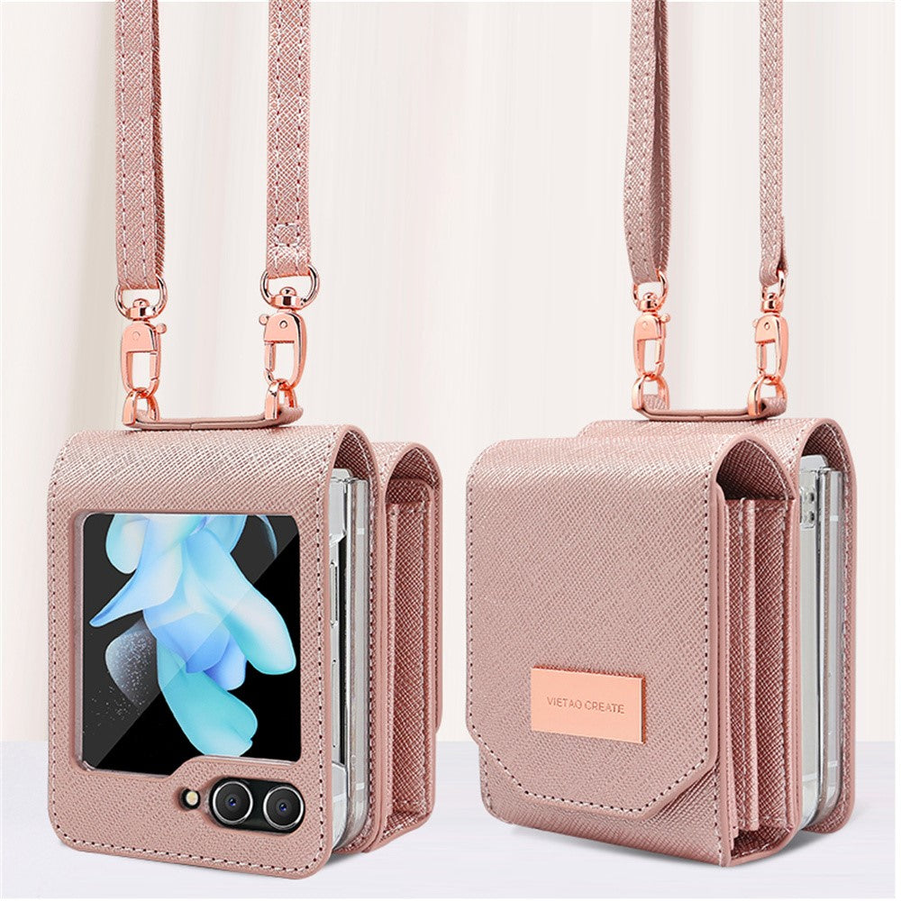 For Samsung Galaxy Z Flip7 FE 5G / Z Flip6 5G Case Card Bag Kickstand PU Leather PC Phone Cover with Strap - Pink