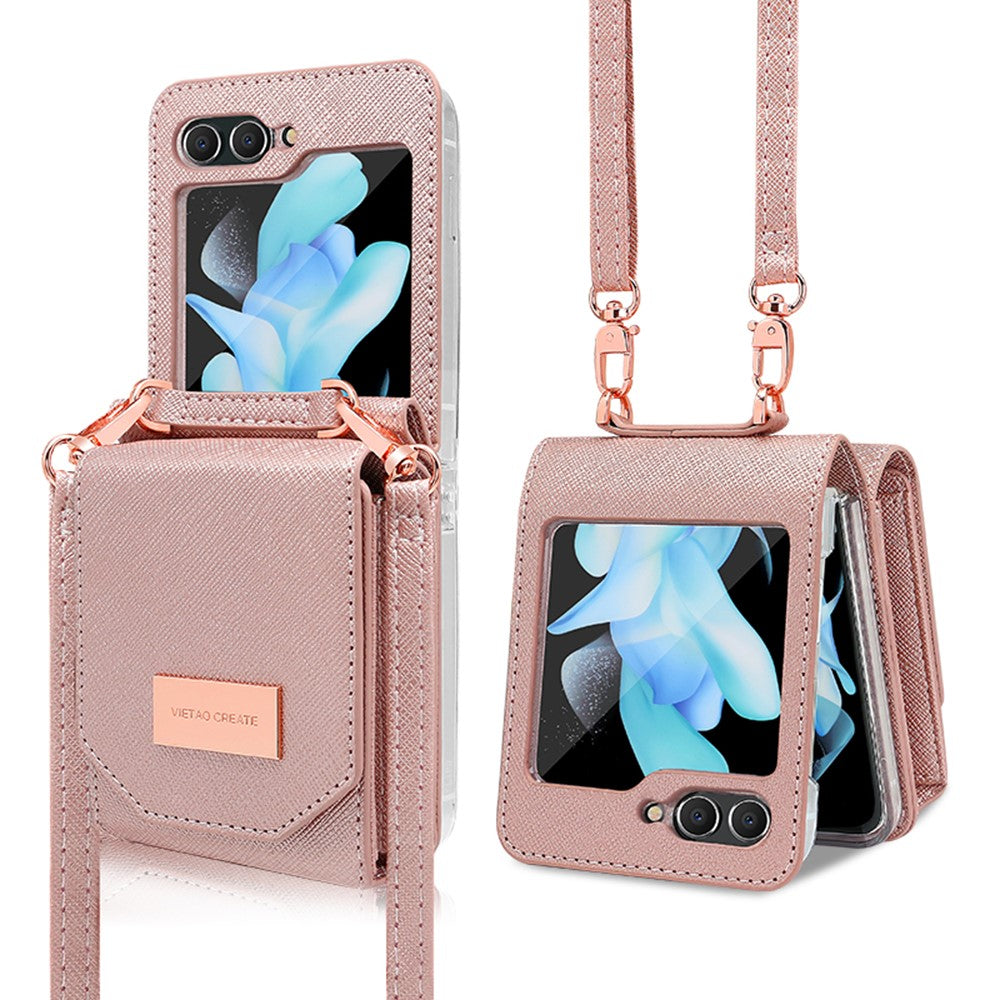 For Samsung Galaxy Z Flip7 FE 5G / Z Flip6 5G Case Card Bag Kickstand PU Leather PC Phone Cover with Strap - Purple