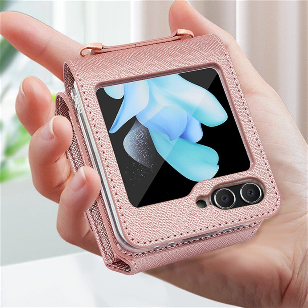 For Samsung Galaxy Z Flip7 FE 5G / Z Flip6 5G Case Card Bag Kickstand PU Leather PC Phone Cover with Strap - Purple