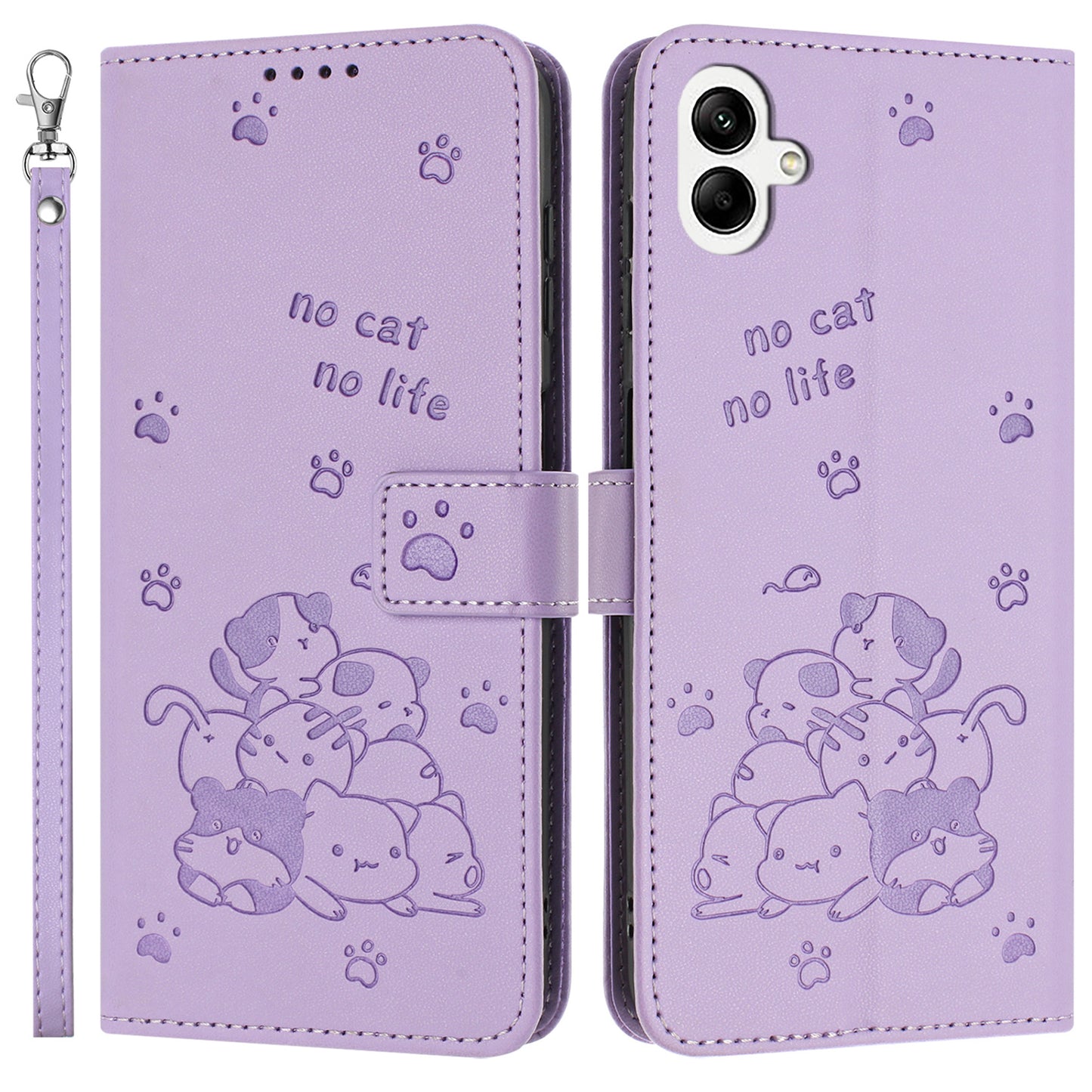 For Samsung Galaxy A06 Case with Strap Cats Imprint Leather Wallet Phone Cover - Purple