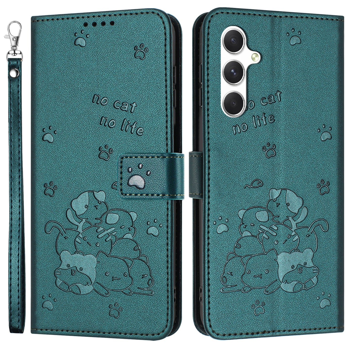 For Samsung Galaxy A16 5G / A16 4G Case with Strap Cats Imprint Leather Wallet Phone Cover - Blackish Green