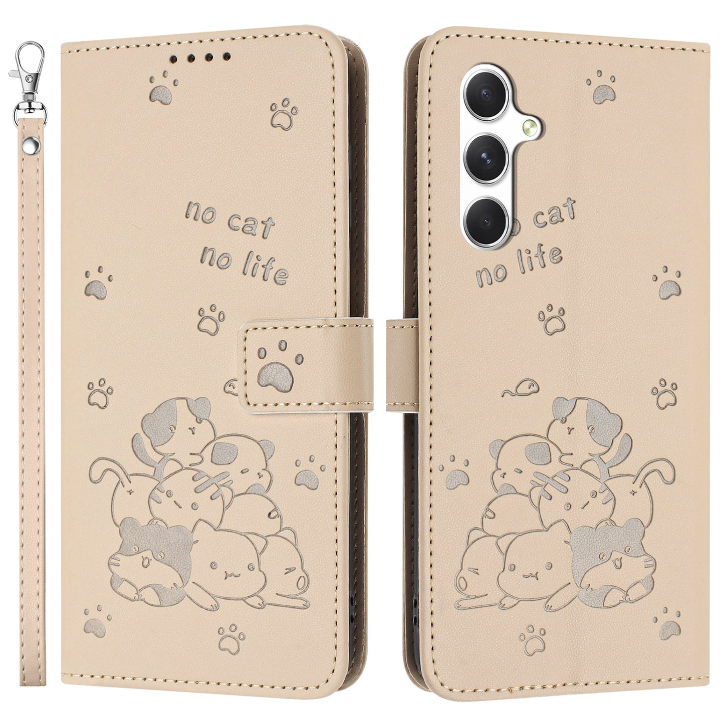 For Samsung Galaxy A16 5G / A16 4G Case with Strap Cats Imprint Leather Wallet Phone Cover - Beige