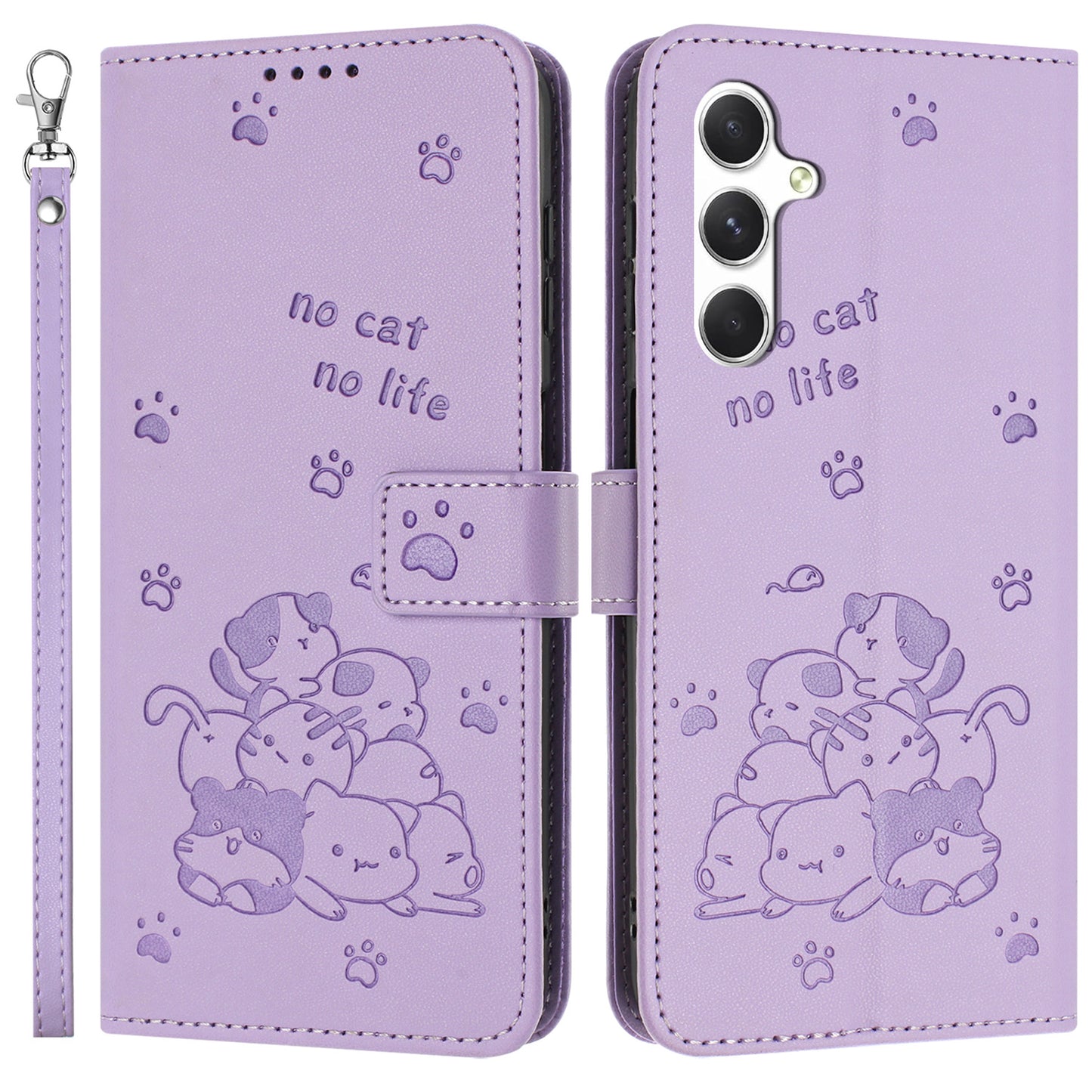 For Samsung Galaxy A16 5G / A16 4G Case with Strap Cats Imprint Leather Wallet Phone Cover - Purple