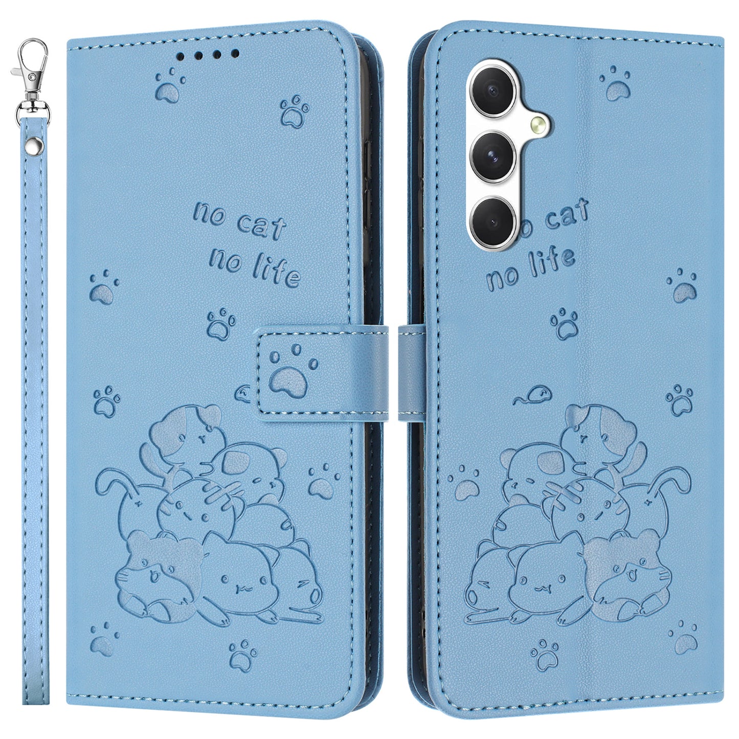For Samsung Galaxy A16 5G / A16 4G Case with Strap Cats Imprint Leather Wallet Phone Cover - Blue